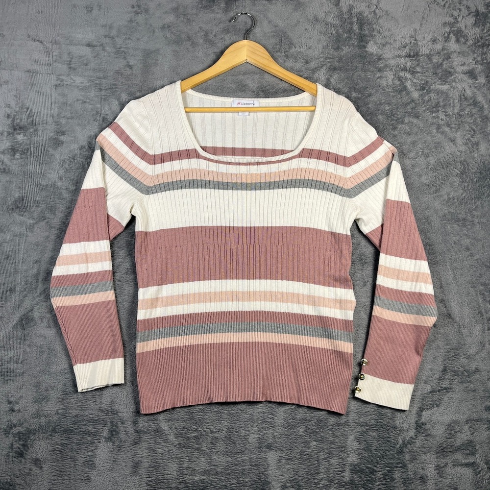 Liz Claiborne Sweater Womens XL Multicolor Striped Ribbed Tight Knit Scoop Neck